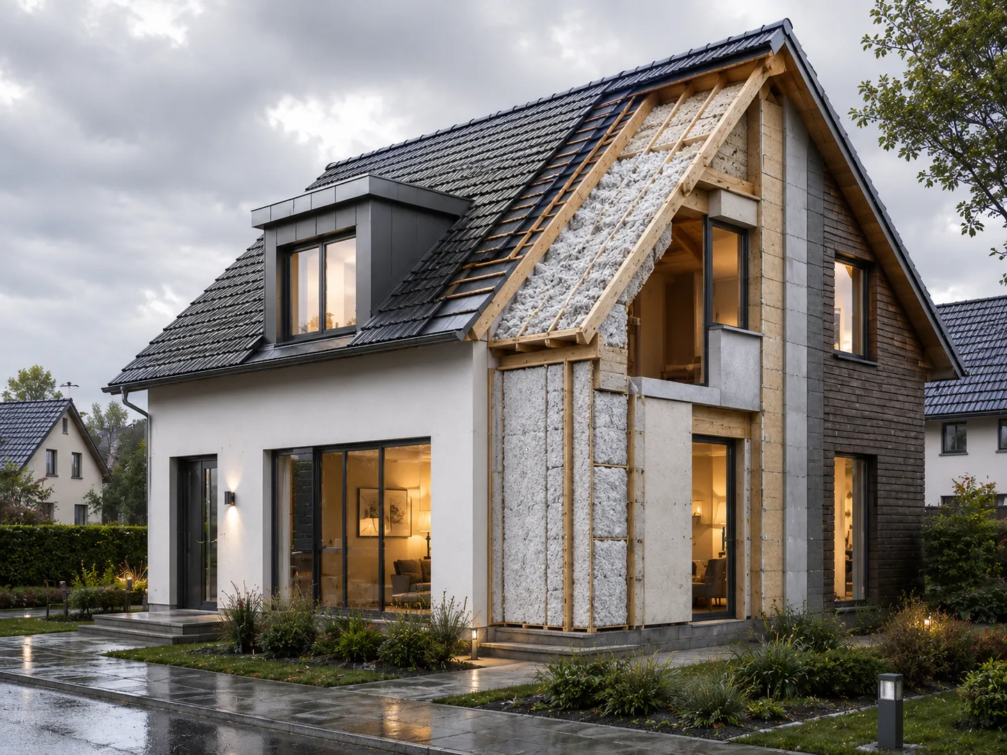 Illustration einer Fassadendämmung an einem Wohnhaus